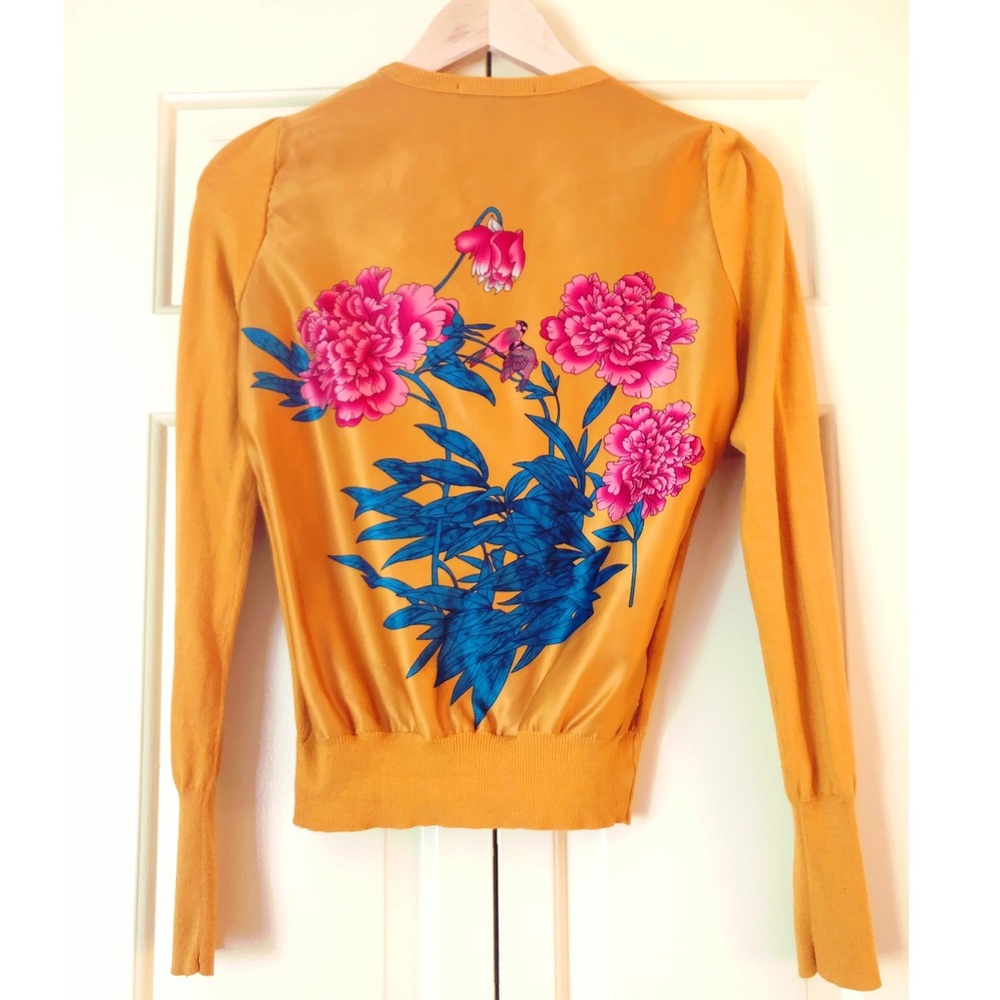 Yellow Cardigan Sweater with Colorful Back Detail. - Picture 1 of 2